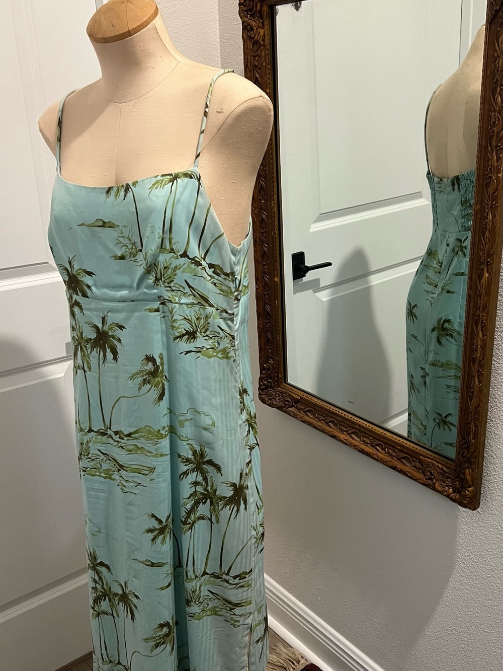 KAHALA Silk Hawaiian Print Spaghetti Strap Dress in Seafoam